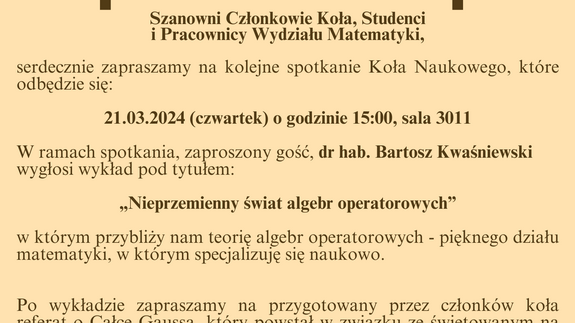 Koło Naukowe Zastosowań Matematyki - kolejne spotkanie 21.03.2024